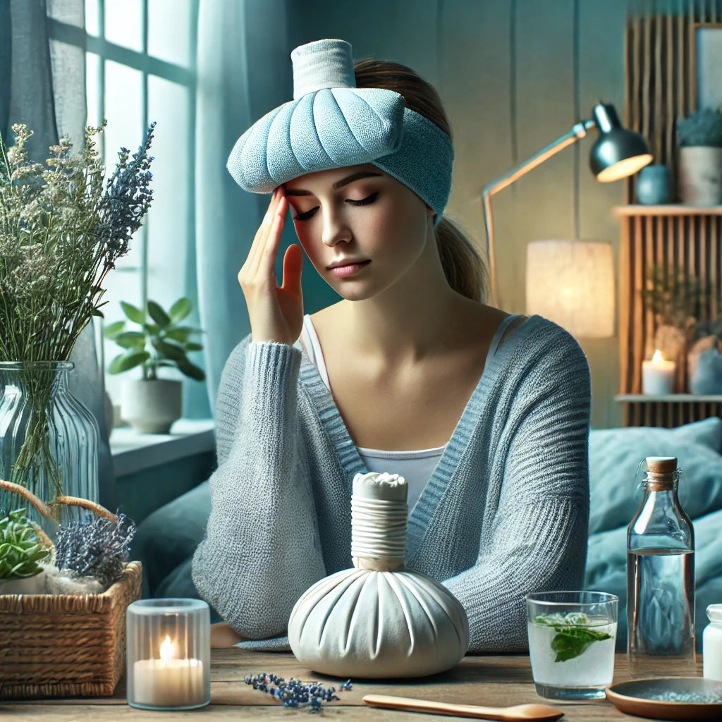 Person finding migraine relief in a calm, softly-lit room with a cool compress on their forehead, surrounded by natural remedies like lavender and a water bottle, symbolizing peaceful relief from migraine pain.
